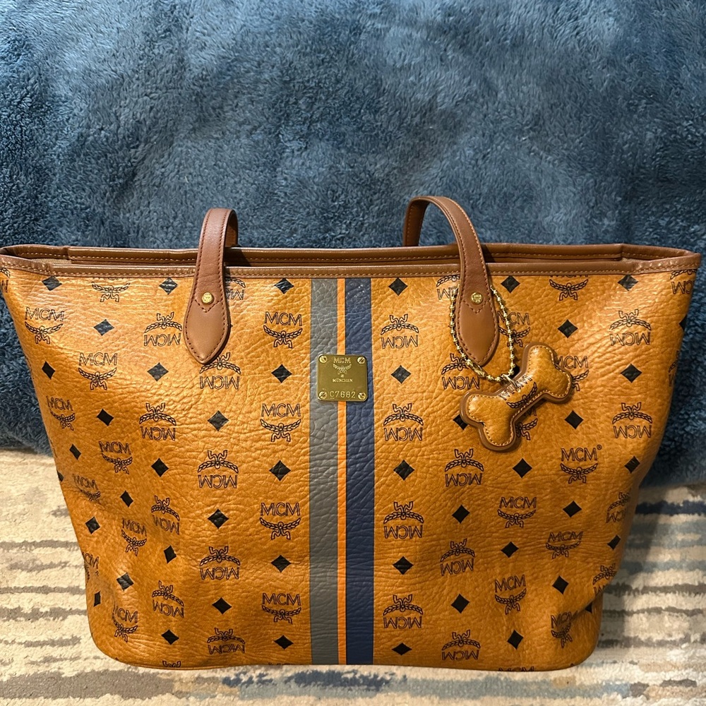MCM Cognac Visetos Tote with Blue Stripe including a MCM Matching Pouch